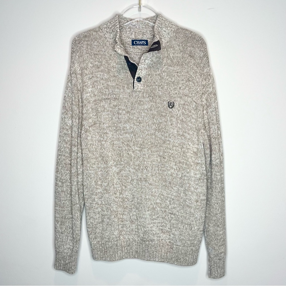 Chaps Men's Tan Button Front Pullover Knit Sweater with Elbow Patches Size L